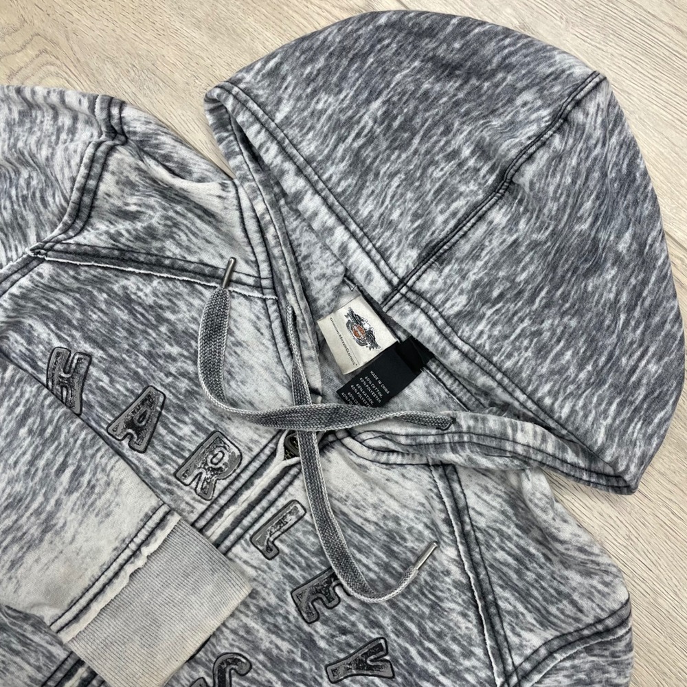 Harley Davidson Zip Hoodie Womens XL Gray Acid Wash Eagle Graphic 1903 Patch